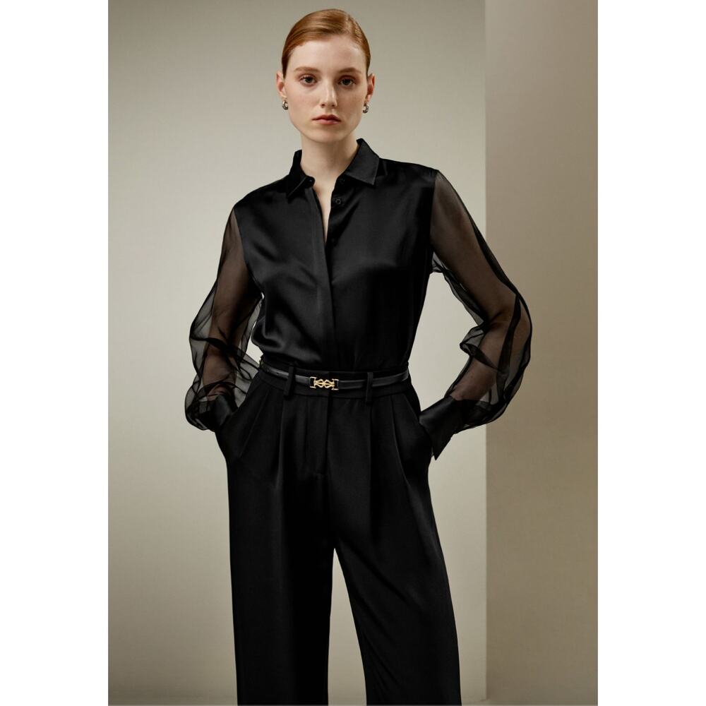 Elegant Black Sheer-Sleeve Satin Blouse